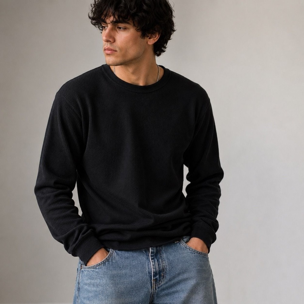 Gemrock Mens Thermal Long Sleeve Shirt Black Waffle Knit Cotton Top Style 700 L